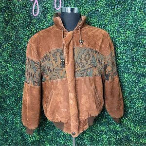 Vintage Brown Aztec Western Navajo Native Bomber Knit Jacket Sz L